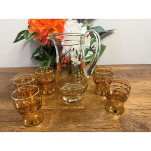 Vintage Hand Painted Floral Pitcher with Gold‎ Banded Glasses MCM Cocktail Set